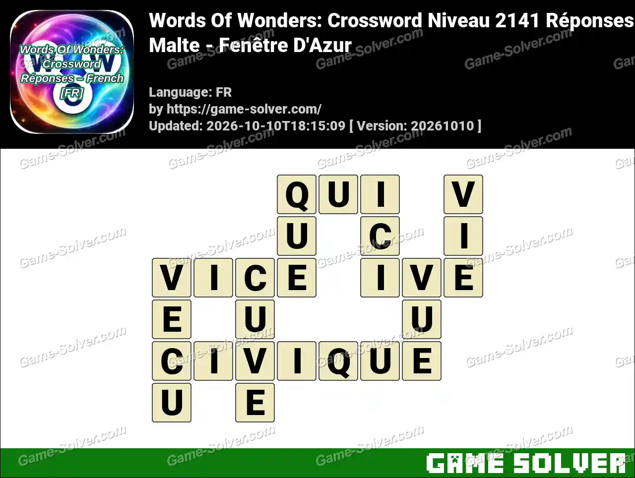 Words Of Wonders: Crossword Niveau 2141 Réponses – Malte – Fenêtre D’Azur